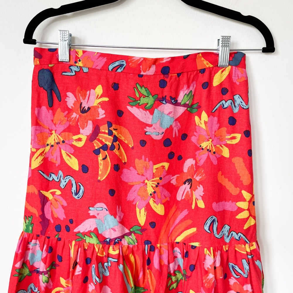 Maison d'Amelie Paris Linen Blend Tropical Tiered Midi Skirt Small Red Multi - Picture 4 of 13